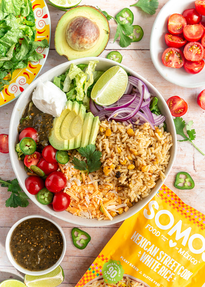 Quick Mexican Street Corn White Rice Burrito Bowl SOMOS Foods